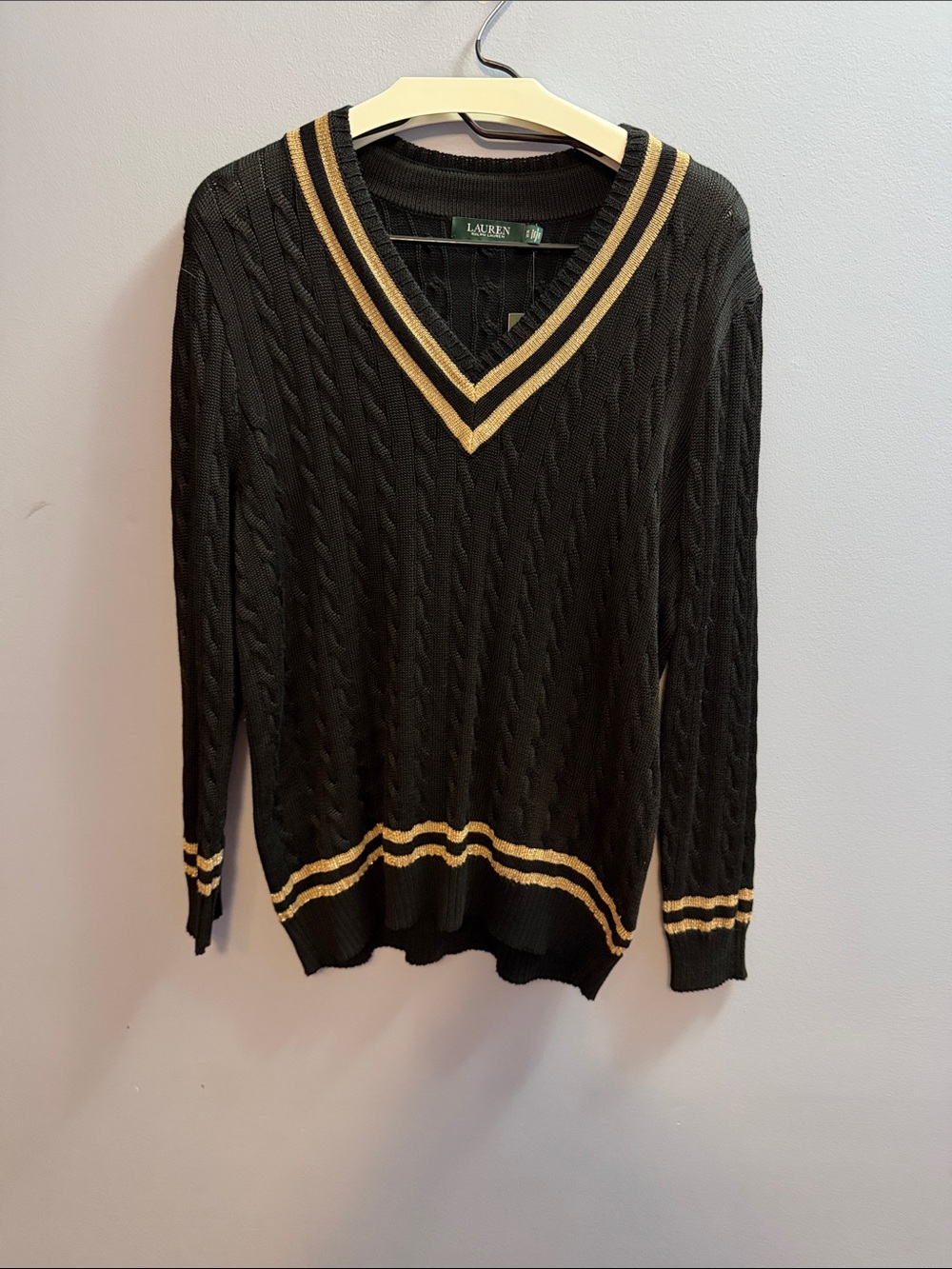 Lauren Ralph Lauren Black Cable-Knit V-Neck Sweater with Gold Stripes